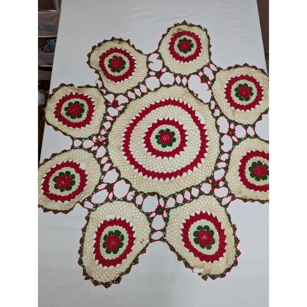 Vintage Handmade Crochet Christmas Rose Doily Cream Red Green 35 Inch Round